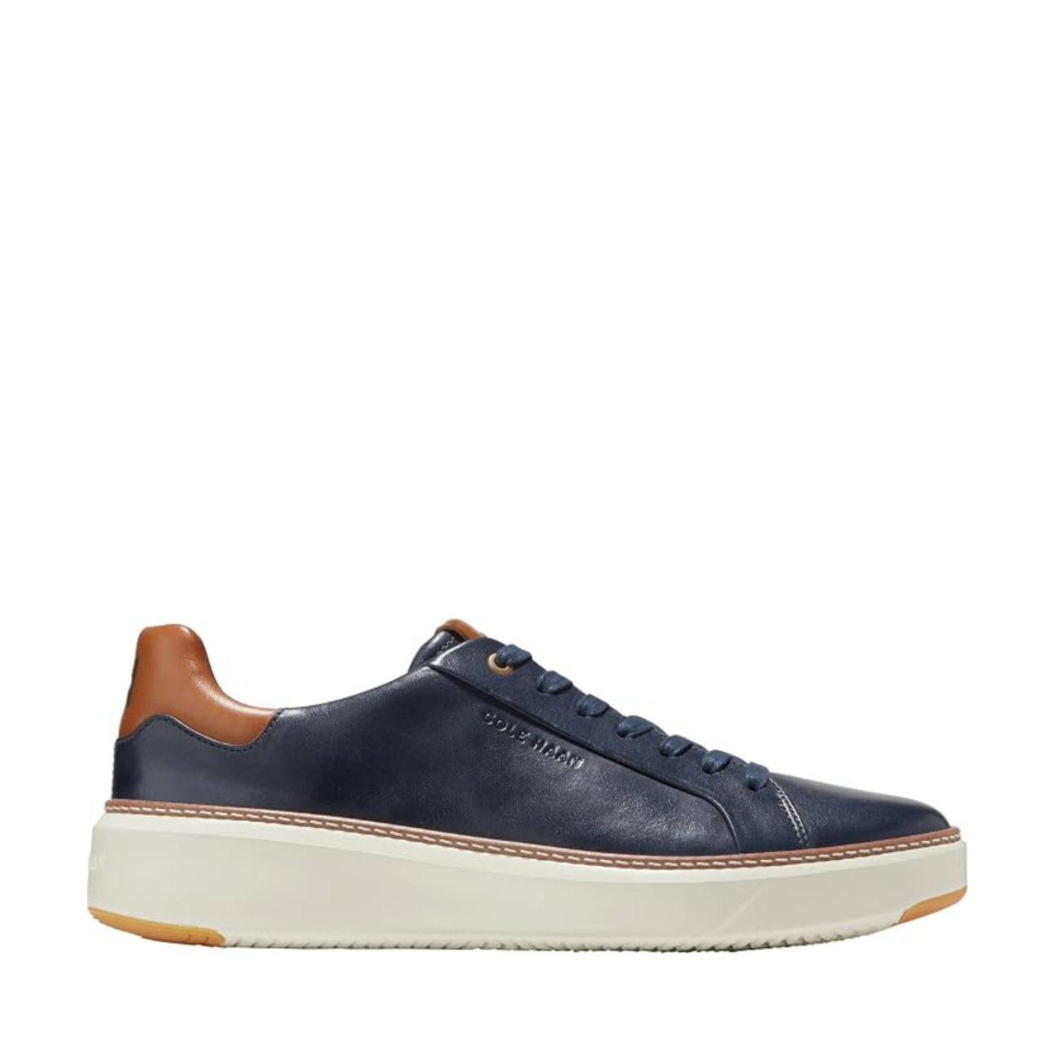Cole Haan GrandPro TopSpin men's sneaker in navy blazer leather with British tan accents, side view