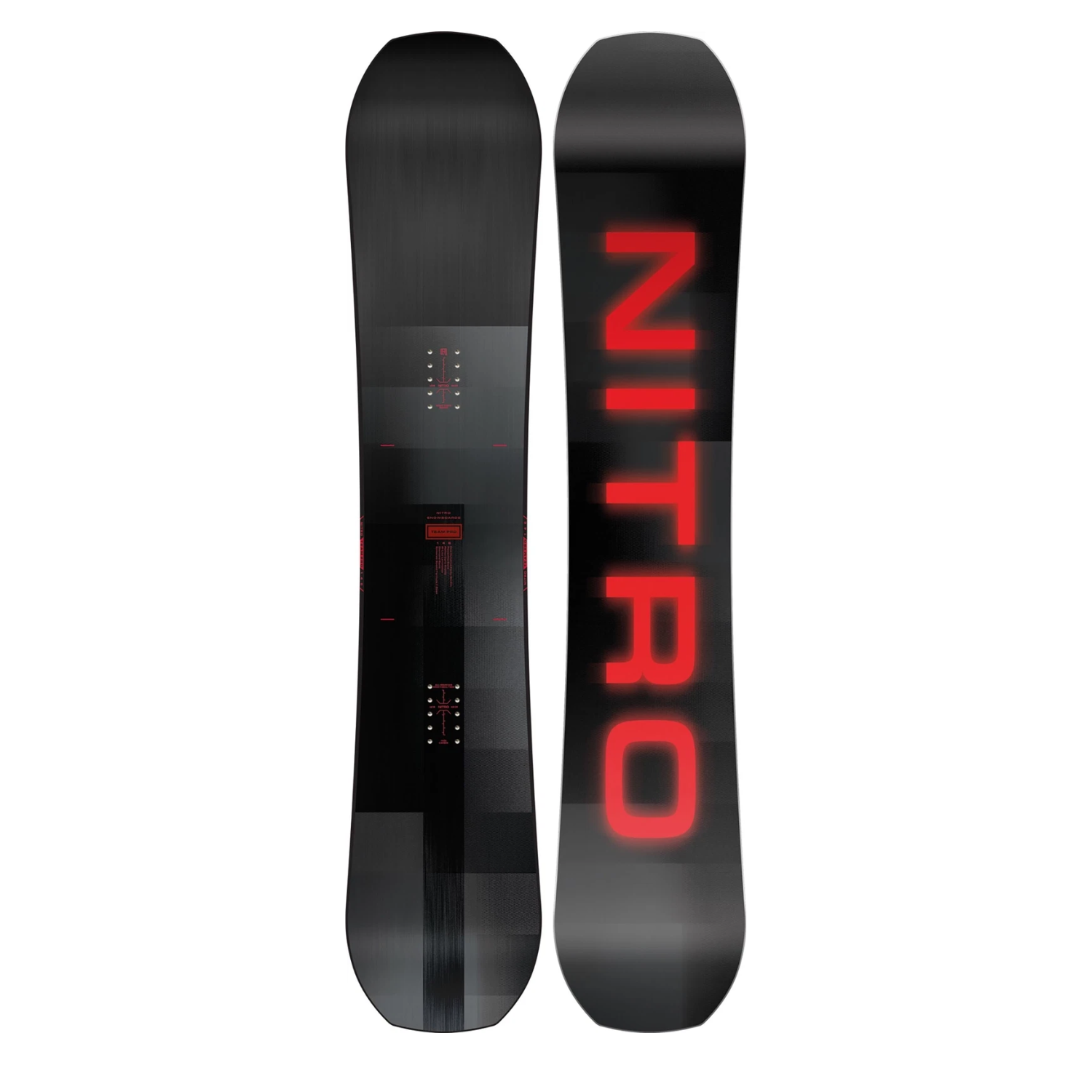 Nitro Team Pro Snowboard black topsheet red logo and base view