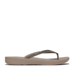 FitFlop iQushion Ombre Sparkle Flip-Flops On Taupe Pewter side view